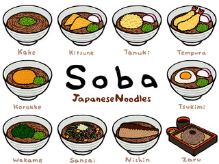 Soba Set:Hand drawn vector illustration like woodblock print