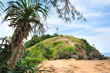 Fototapeta na wymiar Nice view of a stony green hill with a lighthouse. In the foreground is the pandanus tree. Tropical seascape. Koh Lanta, Thailand