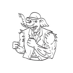 Elephant Wearing Baseball Cap with Ripped Torn Suit Jacket Ready for Fist Fight Line Art Drawing Black and White