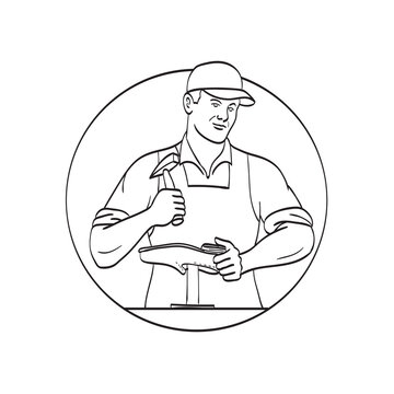 shoemaker hammering shoe, black and white clip art preview