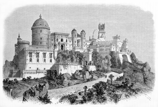 Large overall detailed view of Pena National Palace with its complex architecture and towers, Sintra, Portugal. Created by Therond, published on Le Tour du Monde, Paris, 1861