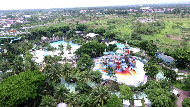 Aerial View Waterpark With Green Land And Trees In Surabaya, East Java, Indonesia
