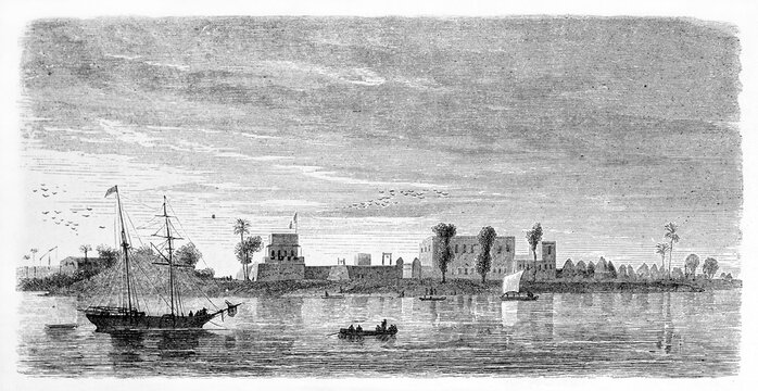 Horizontal view of Richard Toll fort, Senegal, far on a shore reflecting in calm water sailed by ships. Ancient grey tone etching style art by De B�rard, published on Le Tour du Monde, Paris, 1861