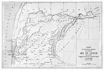black and white rectangular horizontal oriented old topographic Saint Louis region map, Senegal. Ancient grey tone etching style art by Blanchard, published on Le Tour du Monde, Paris, 1861