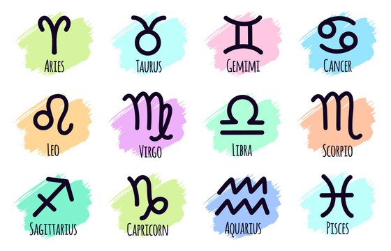 Zodiac horoscope signs. Astrological calendar sign, zodiac star constellation symbols, hand drawn horoscope elements vector illustration set. Aries, taurus, leo and gemini, virgo, scorpio and libra,