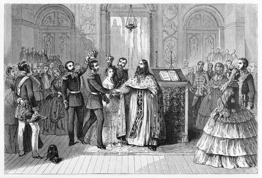 aristocratic russian wedding indoor in a chapel. Bride and groom are receiving a crown on their heads. Ancient grey tone etching style art by Blanchard, published on Le Tour du Monde, Paris, 1861