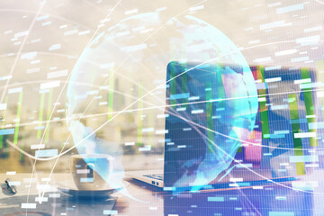 Multi exposure of business theme icons and work space with computer background. Concept of success.