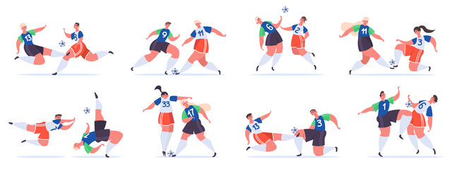 Fototapeta na wymiar Football players. Soccer sportsmen characters struggle, fighting for ball, soccer overtaking, trick and attack vector illustration set. Man and woman competing in sport championship