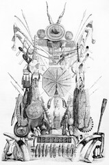 isolated arrangement of senegal tribal craft objects on white background. Ancient grey tone etching style art by Pelcoq, published on Le Tour du Monde, Paris, 1861