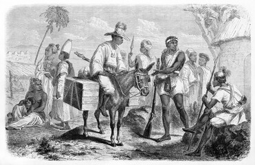 group of black Senegal Fula and Wolof armed and horseback people outdoor in village. Ancient grey tone etching style art by Duvaux after Raffenel, published on Le Tour du Monde, Paris, 1861