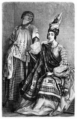 vertical full body portrait of Senegalese lady in traditional costume and her maidservant indoor. Ancient grey tone etching style art by Boulanger, published on Le Tour du Monde, Paris, 1861