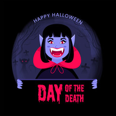 Cheerful Female Vampire or Monster Presenting Day Of The Death Dripping Text on Black Background for Happy Halloween Celebration.