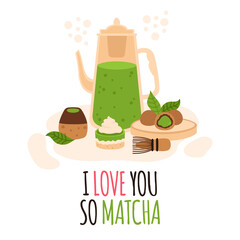 Matcha tea ceremony. Japanese green tea ceremony, matcha latte or tea beverages, teapot and matcha powder preparation tools vector illustration. Sweet dessert, cake or pie with candy