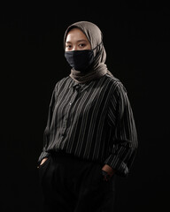 Hijab women are providing an example of wearing health cloth masks properly, to reduce the spread...