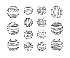 Set of Xmax toys decorated variously ornated stylized balls. Outline kit of hang christmas ball. Graphic decor black isolated contours on white background. Simple xmas tree decor symbol isolated