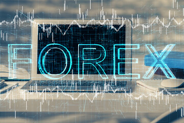 Multi exposure of chart and financial info and work space with computer background. Concept of...