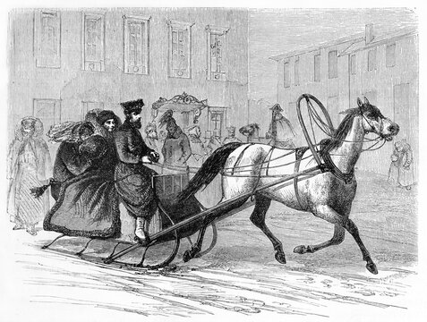 horse drawn sleigh ride in Saint Petersburg, Russia. Ancient grey tone etching style art by Blanchard, published on Le Tour du Monde, Paris, 1861
