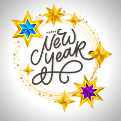 Happy New Year 2020. Lettering Composition With Stars And Sparkles. Holiday Vector Illustration frame