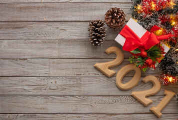 Composition of Christmas and new year decorations on a rustic wooden background. Copy space