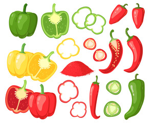Cartoon peppers. Sweet red, yellow and hot peppers, bell pepper, juicy farm vegetables, pepper slices, cutaway peppers vector illustration set. Veggie rings, seasoning for cooking food