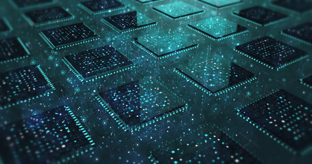 Artificial Intelligence Circuit Board. Processor Transmitting High Speed Data. Computer And Technology Related 3D Illustration Render.