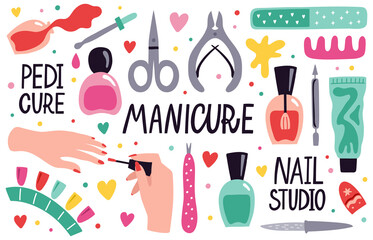Doodle manicure equipment. Nail manicure tools, scissors, nail polish, tweezers and nail file, manicure accessories vector illustration set. Beauty salon, fingernails care and treatment - obrazy, fototapety, plakaty