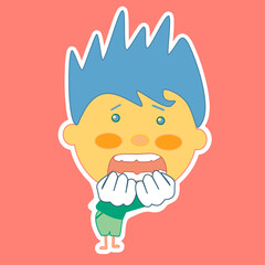 emoticon stuck in fear, scared emoji with hands to face gesture, horrified man with frightened face, funny cartoon character with simplistic facial expression, simple line icon from a set