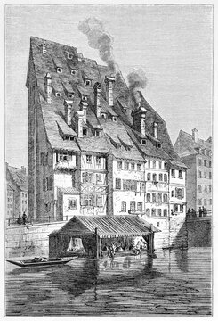Pointed roof houses with smoking chimneys facing on river water in Strasbourg, Alsace, France. Ancient grey tone etching style art by Lancelot, published on Le Tour du Monde, Paris, 1861