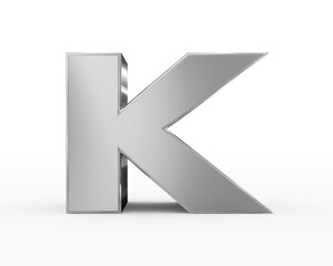Letter K - metal silver futuristic 3d font standing isolated on white background