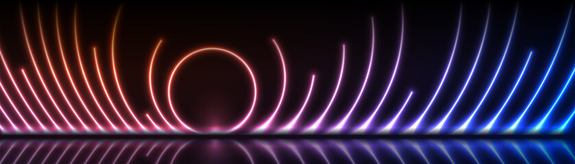 Blue and orange neon laser circles with reflection. Abstract technology retro background. Futuristic glowing vector design.