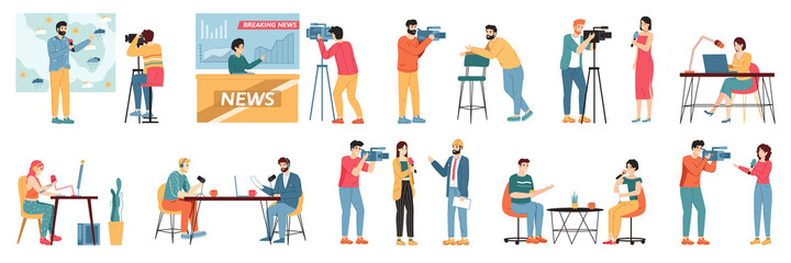 Media TV journalists. Talk show hosts, news presenters and broadcast journalist, television industry videographers crew vector illustration set. Weather forecast and breaking news hosts - obrazy, fototapety, plakaty