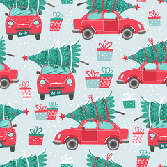 Fototapeta premium Vector seamless pattern with red car and Christmas tree. Christmas picture. Red pickup. New year illustration surface delivery service.