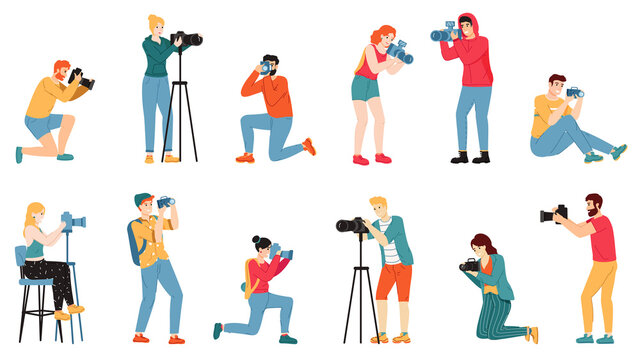 Photographer characters. Paparazzi, cameraman creative people take photo shot, reporters and journalists characters vector illustration set. Man and woman taking pictures from different angles