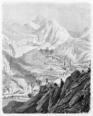 Fototapeta na wymiar wide field of view of mountain landscape of Torbali, Turkey. Ancient grey tone etching style art by Grandsire, published on Le Tour du Monde, Paris, 1861