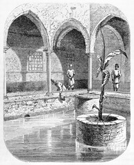 arab pointed arches cloister detail and pool with plant in Tripoli, Libya. Ancient grey tone etching style art by Lancelot, published on Le Tour du Monde, Paris, 1861