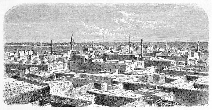 Horizontal Tripoli cityscape extending far in the distance to the north, Libya. Ancient grey tone etching style art by Lancelot, published on Le Tour du Monde, Paris, 1861