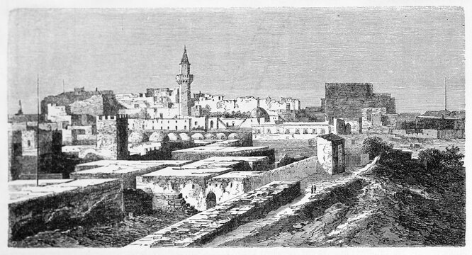 Tripoli cityscape and part of barren surrounding ground, Libya. Ancient grey tone etching style art by Lancelot, published on Le Tour du Monde, Paris, 1861