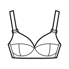 Maternity Bra lingerie technical fashion illustration with wide adjustable shoulder straps, molded cups, hook-and-eye closure. Flat brassiere front white color style. Women unisex underwear CAD mockup