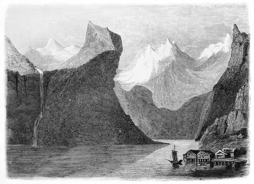 Small isolated wooden houses fronting huge Veblunsgnoeset fjord, Norway. Ancient grey tone etching style art by Saint-Blaise, published on Le Tour du Monde, Paris, 1861