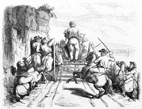 humor back view of horsemen hardly following Norwegian viceroy carriage. Ancient grey tone etching style art by Saint-Blaise, published on Le Tour du Monde, Paris, 1861