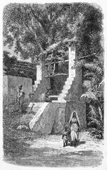 stone water well in the shadow of a big tree in Tripoli, Libya. Ancient grey tone etching style art by Hadamard, published on Le Tour du Monde, Paris, 1861