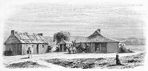 Y�ring carriage station in vast isolated Yarra barren valley, Victoria state, Australia. Ancient grey tone etching style art by Girardet, published on Le Tour du Monde, Paris, 1861 - obrazy, fototapety, plakaty