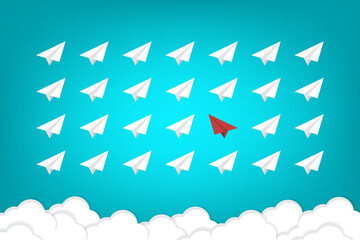 Think differently concept. Red airplane changing direction. New idea, change, trend, courage, creative solution, innovation and unique way concept.	