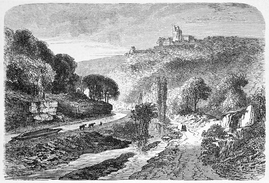 Zorn river flowing among french natural landscape, Alsace, France. Ancient grey tone etching style art by Lancelot, published on Le Tour du Monde, Paris, 1861