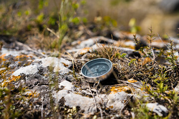 The compass lies on a picturesque mountain rock with moss