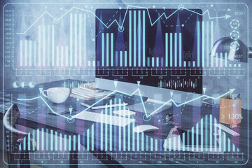 Multi exposure of forex chart and work space with computer. Concept of international online trading.