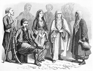 Anatolian people posing in traditional muslim costumes. Turbans, veils and sabers. Ancient grey tone etching style art by Grandsire after Dauzats, Le Tour du Monde, Paris, 1861
