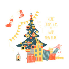 Christmas and New Year greeting banner with Christmas tree decorations and gifts