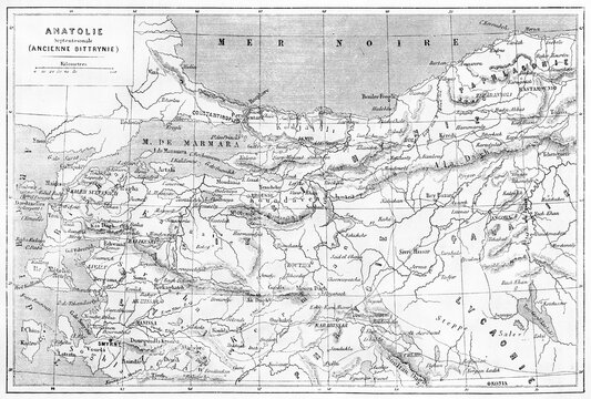 Anatolia old map. Ancient grey tone etching style art by  Vuillemin, Erhard and Bonaparte, Le Tour du Monde, Paris, 1861