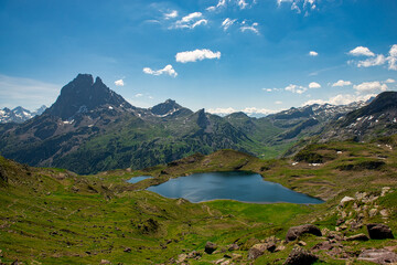 Fototapeta na wymiar Pic du Midi Ossau and Ayous lake in french Pyrenees mountains
